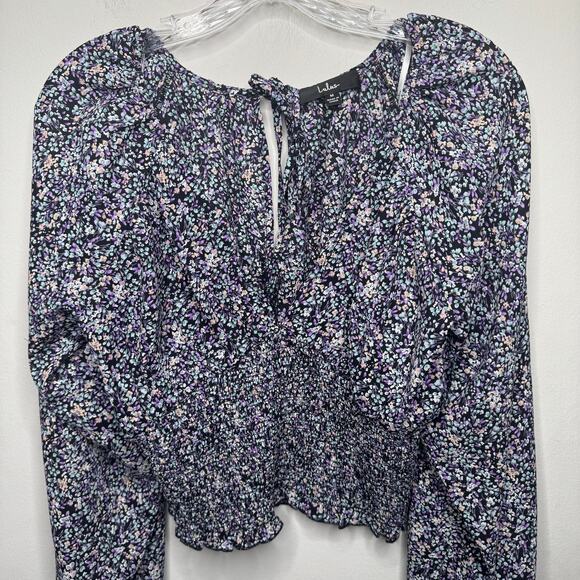 Lulus Black Purple Floral Smocked Peasant Blouse Size M Boho Crop Top - Picture 8 of 9